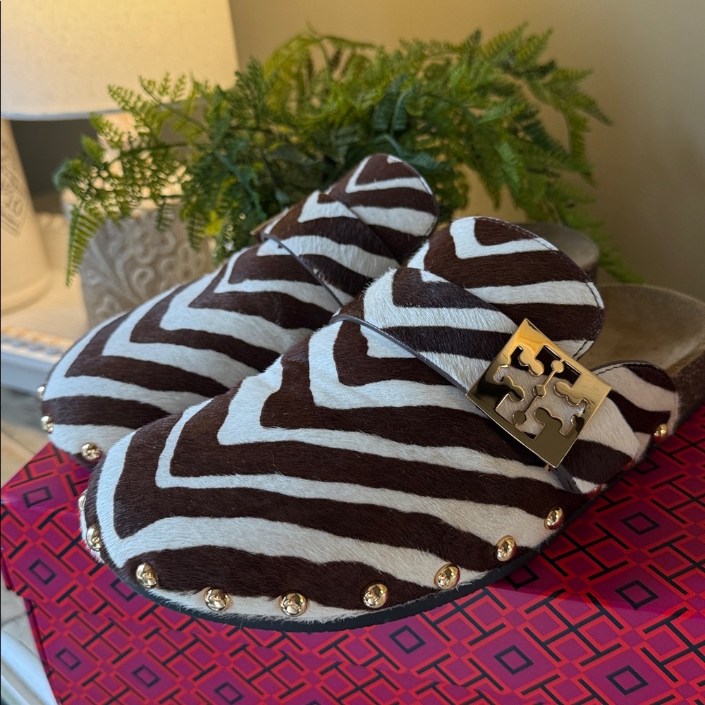 Tory Burch Brown and White Zebra Print Studded Mules